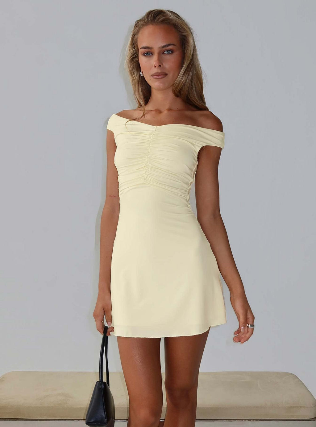 Keera Off Shoulder Ruched Mini Dress Butter