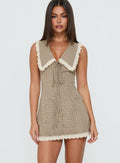 Mayci Collared Lace Trim Romper Brown Check
