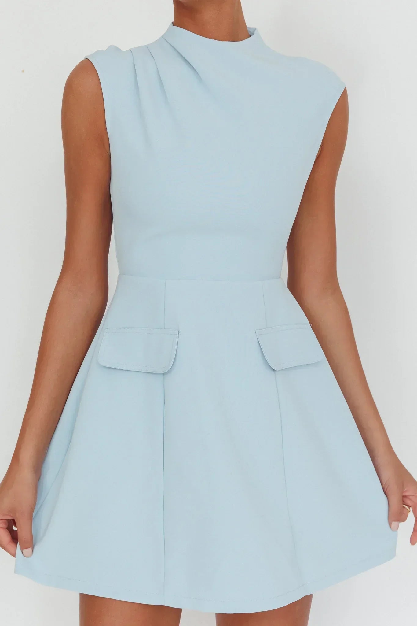 Thandi Pleat Shoulder Faux Pocket Mini Dress Steel Blue