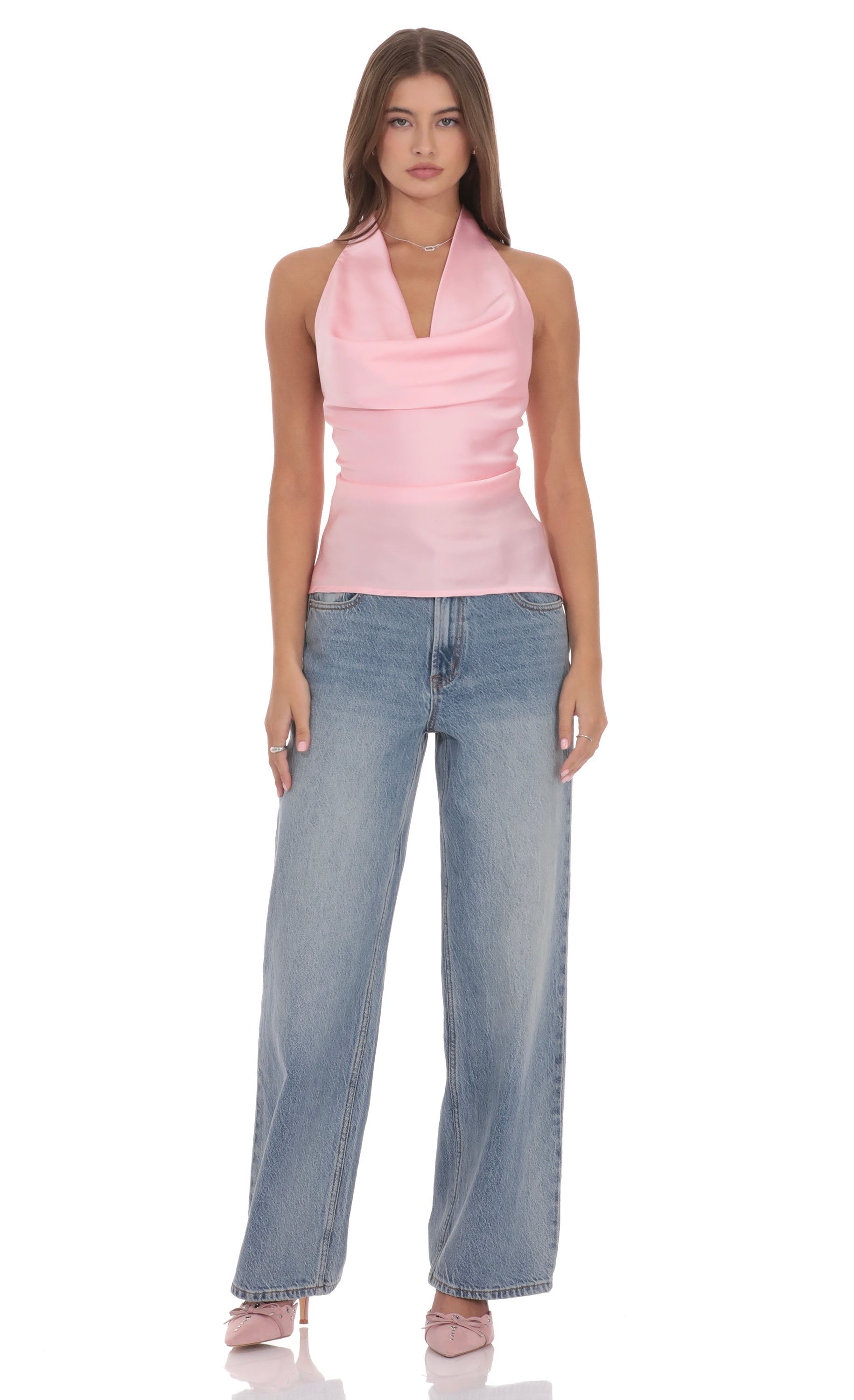 Satin Cowl Neck Top in Pink