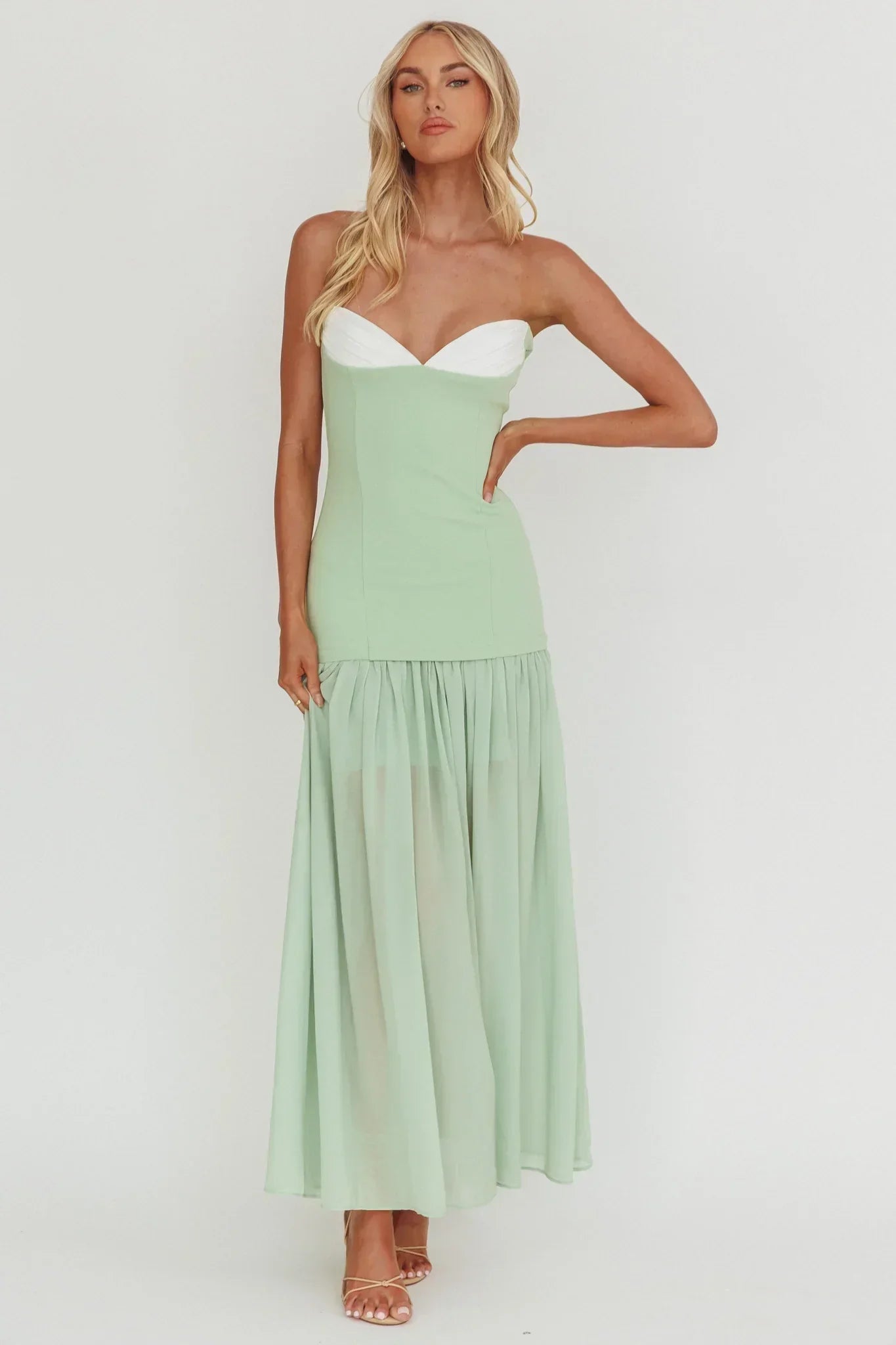 Unspoken Sweetheart Neckline Sheer Hem Maxi Dress Sage