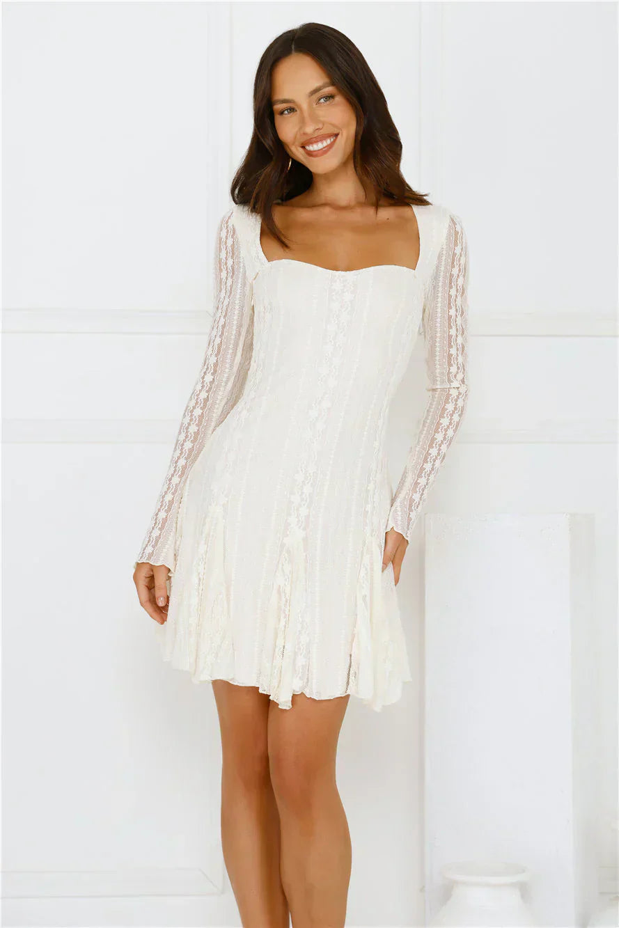 Full Time It Girl Long Sleeve Mini Dress Beige