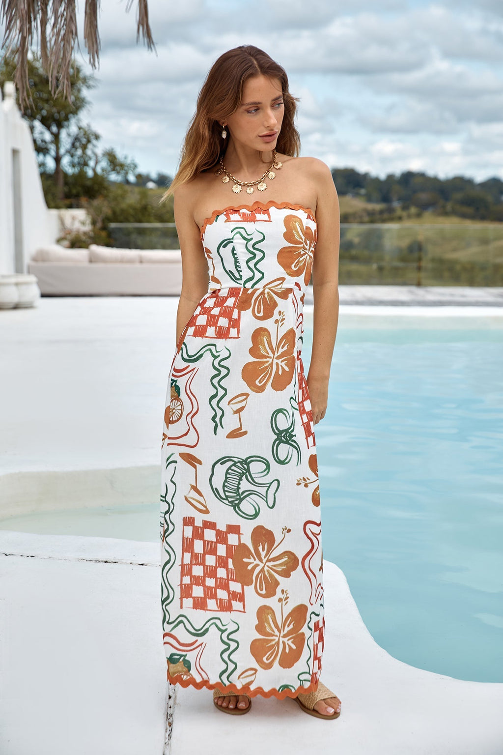 Hawaiian Retreat Strapless Maxi Dress Orange