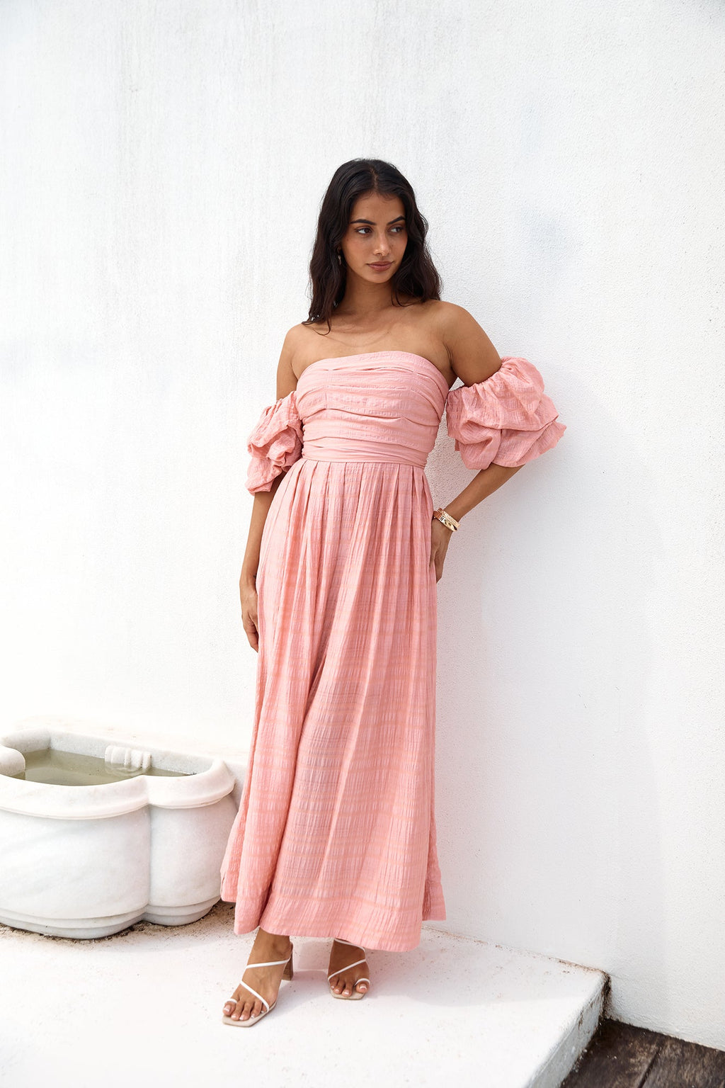 High Tea Off Shoulder Maxi Dress Pink