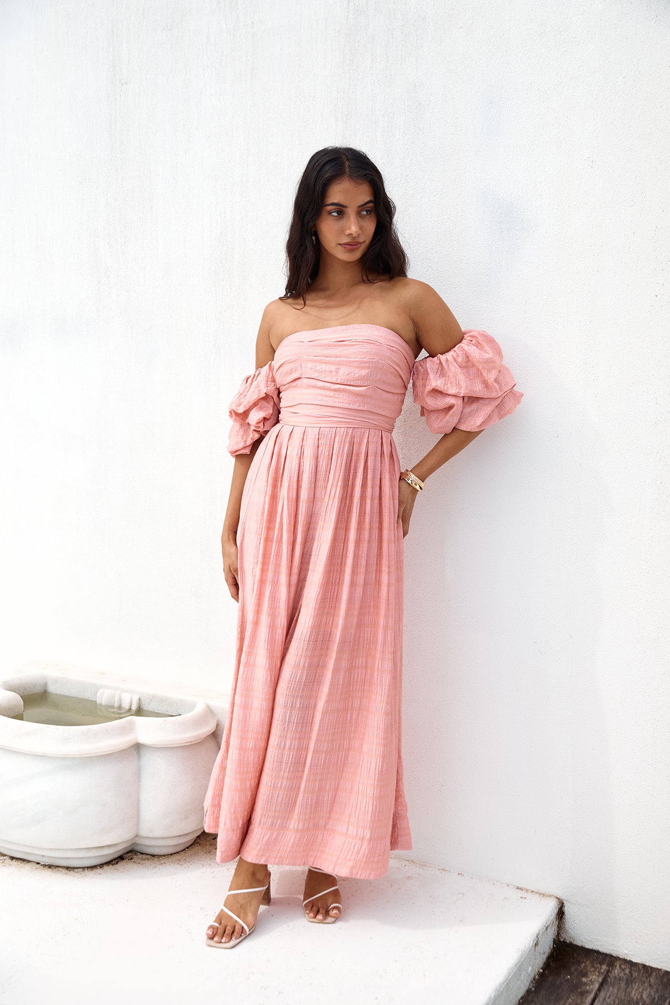 High Tea Off Shoulder Maxi Dress Pink