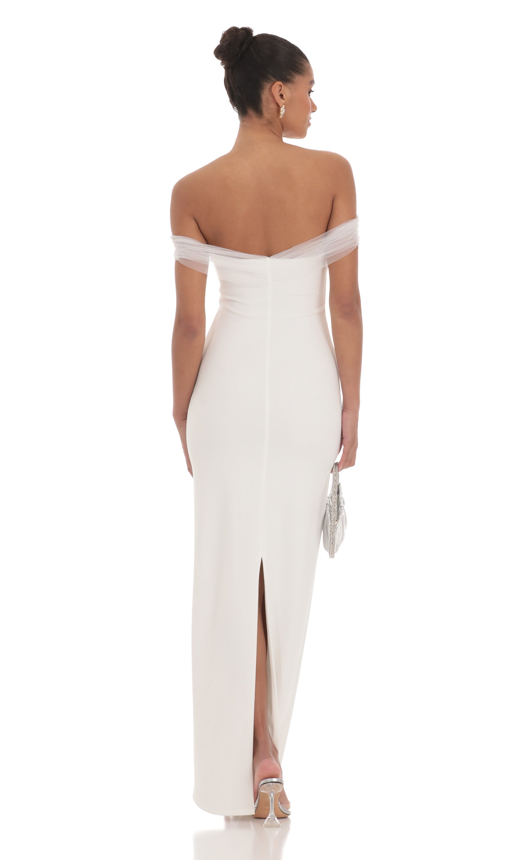 Tulle Off Shoulder Sleeve Maxi Dress in White