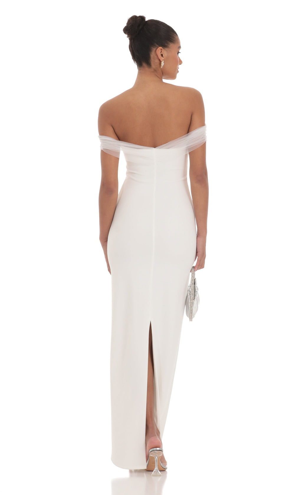 Tulle Off Shoulder Sleeve Maxi Dress in White