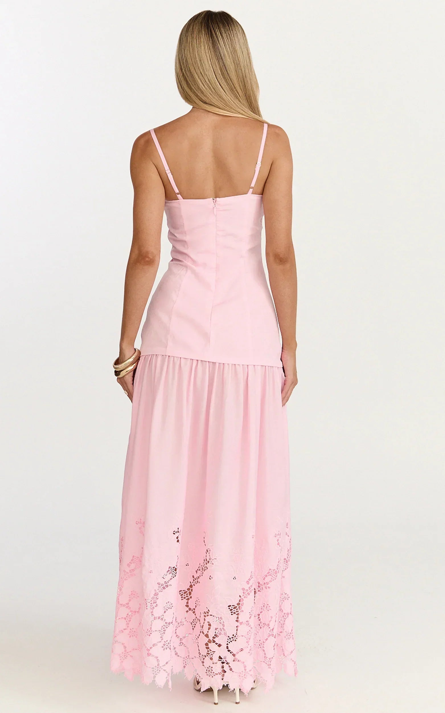 Everly Maxi Dress - Straight Neck Broderie Cut Out Hem Dress in Pink
