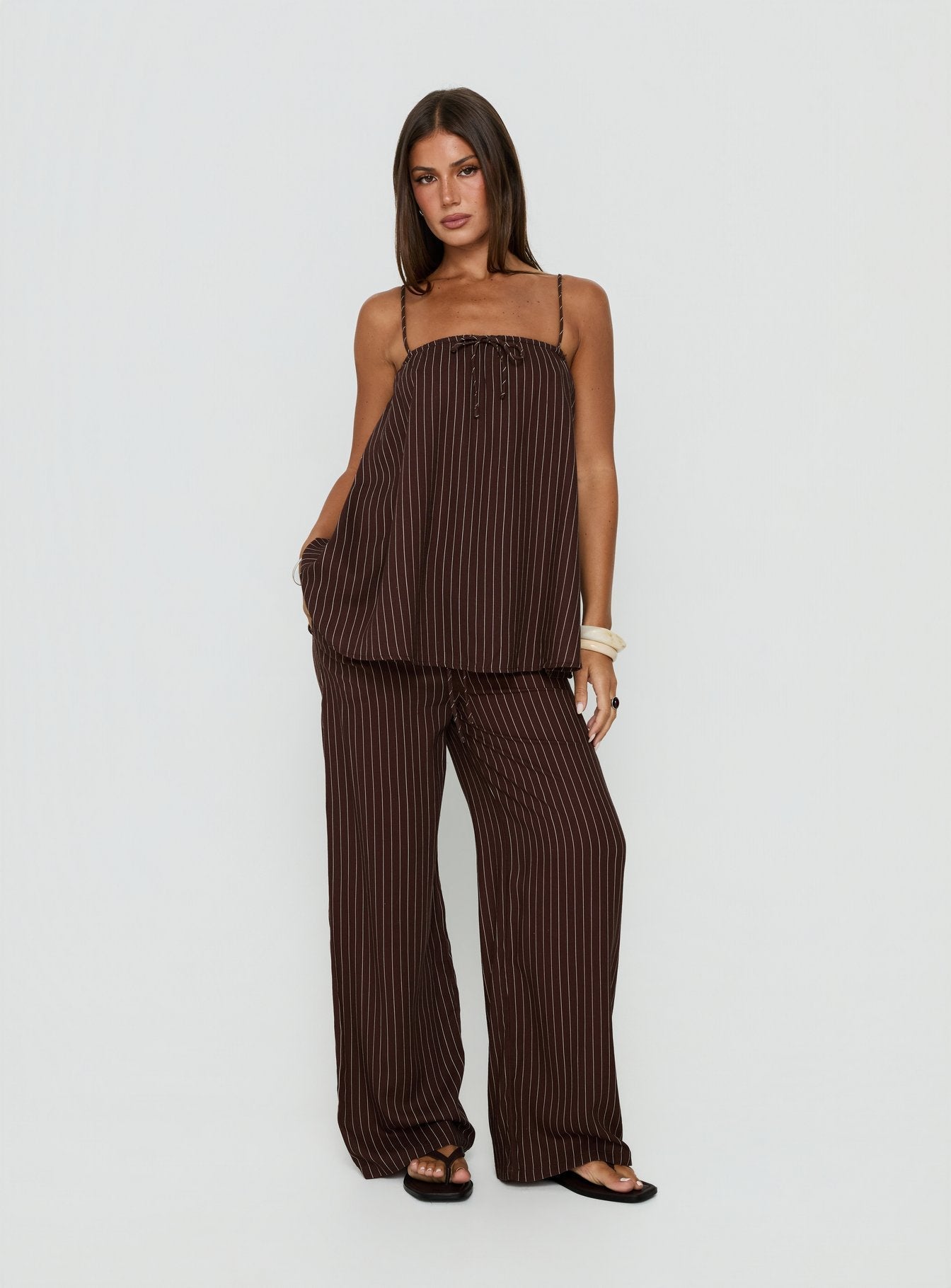 Amibella Mid Rise Wide Leg Pants Brown / Cream Stripe