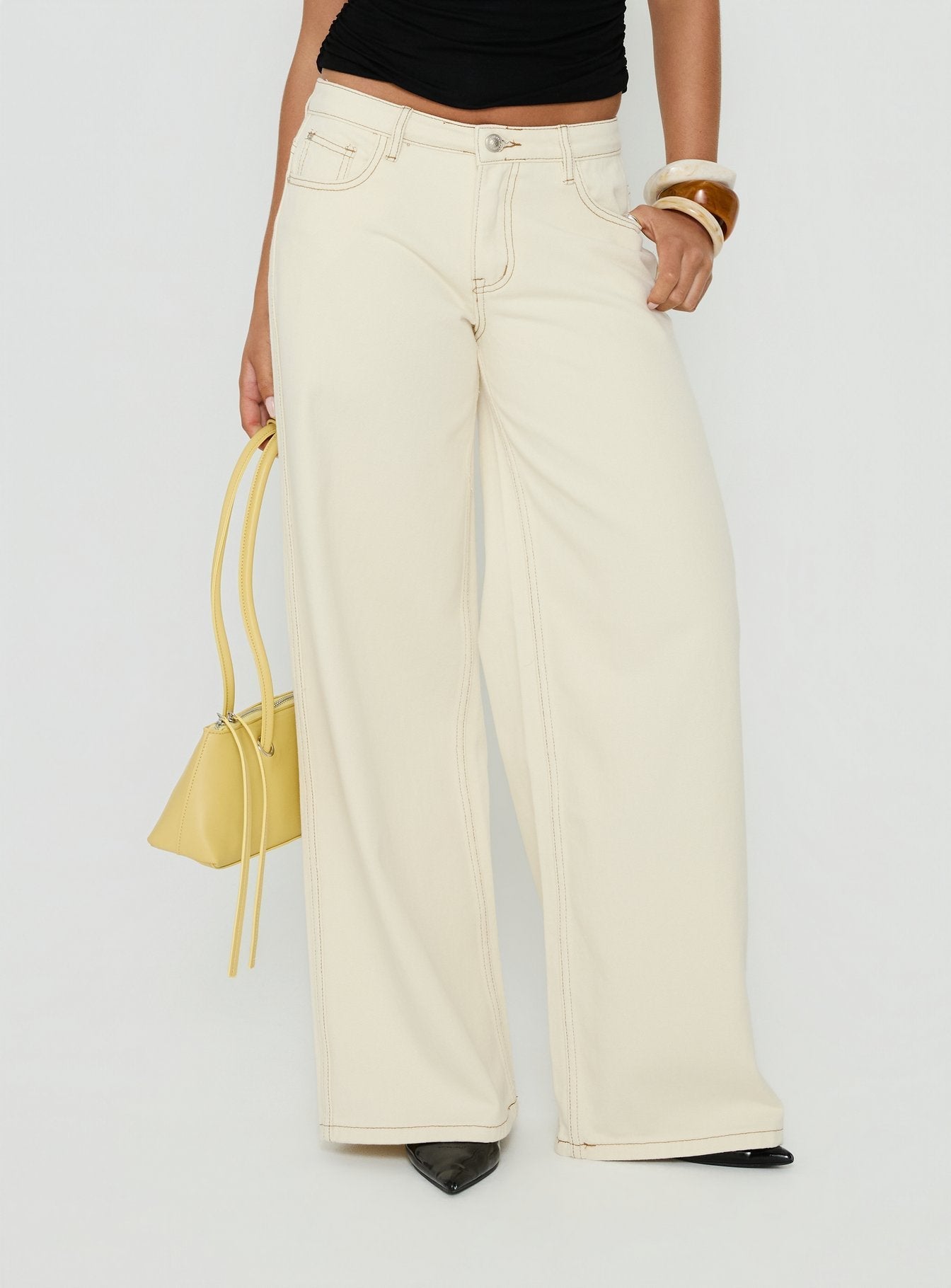 Ramos Low Rise Wide Leg Jeans Cream