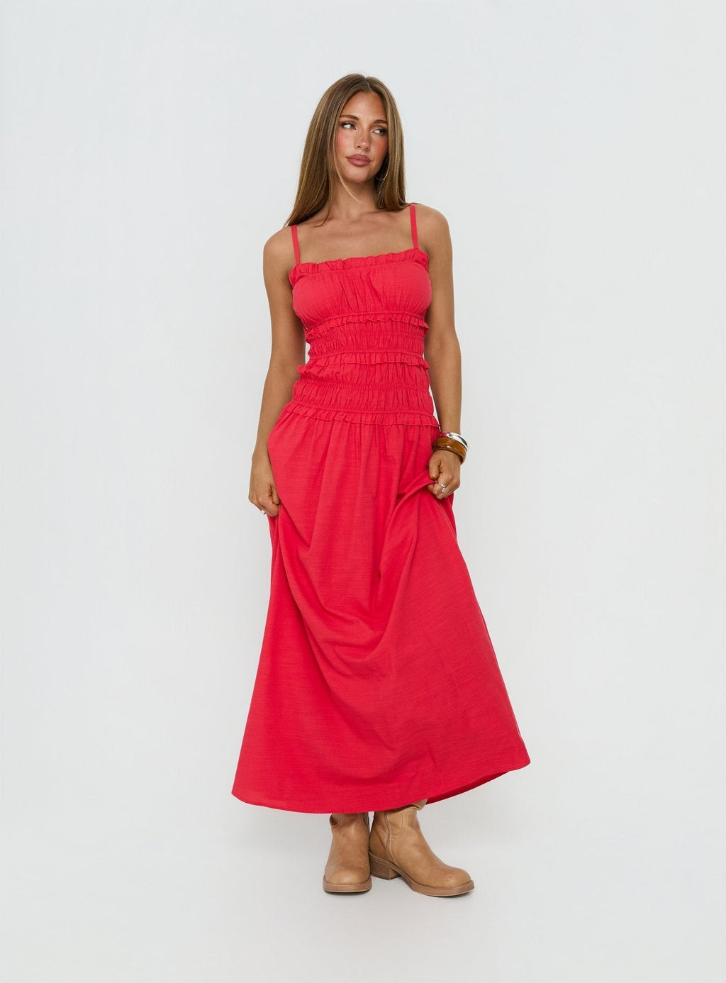 Rubiella Shirred Maxi Dress Red