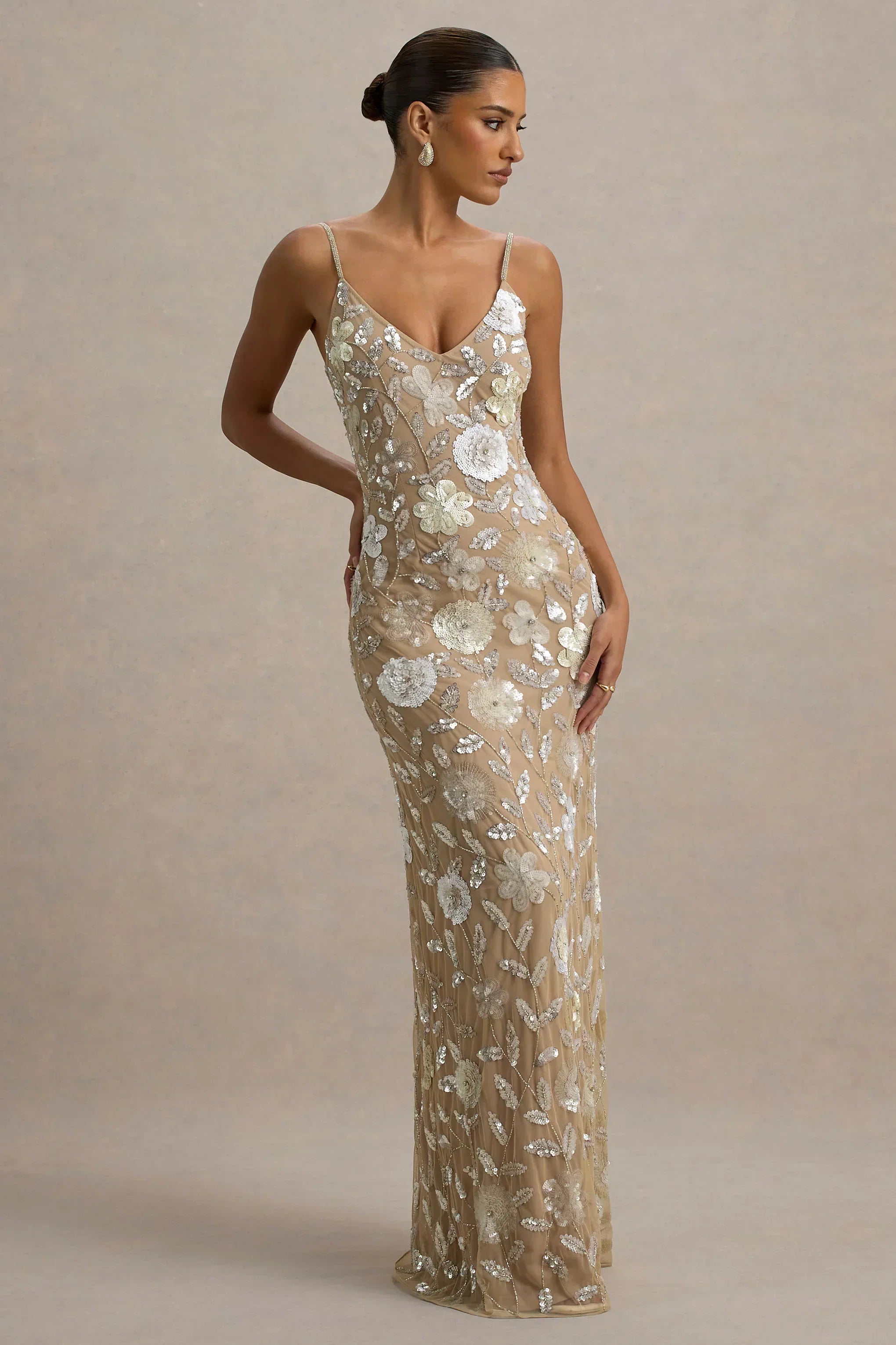 Gemini | Floral Sequin Hand-Embellished Strappy Maxi Dress