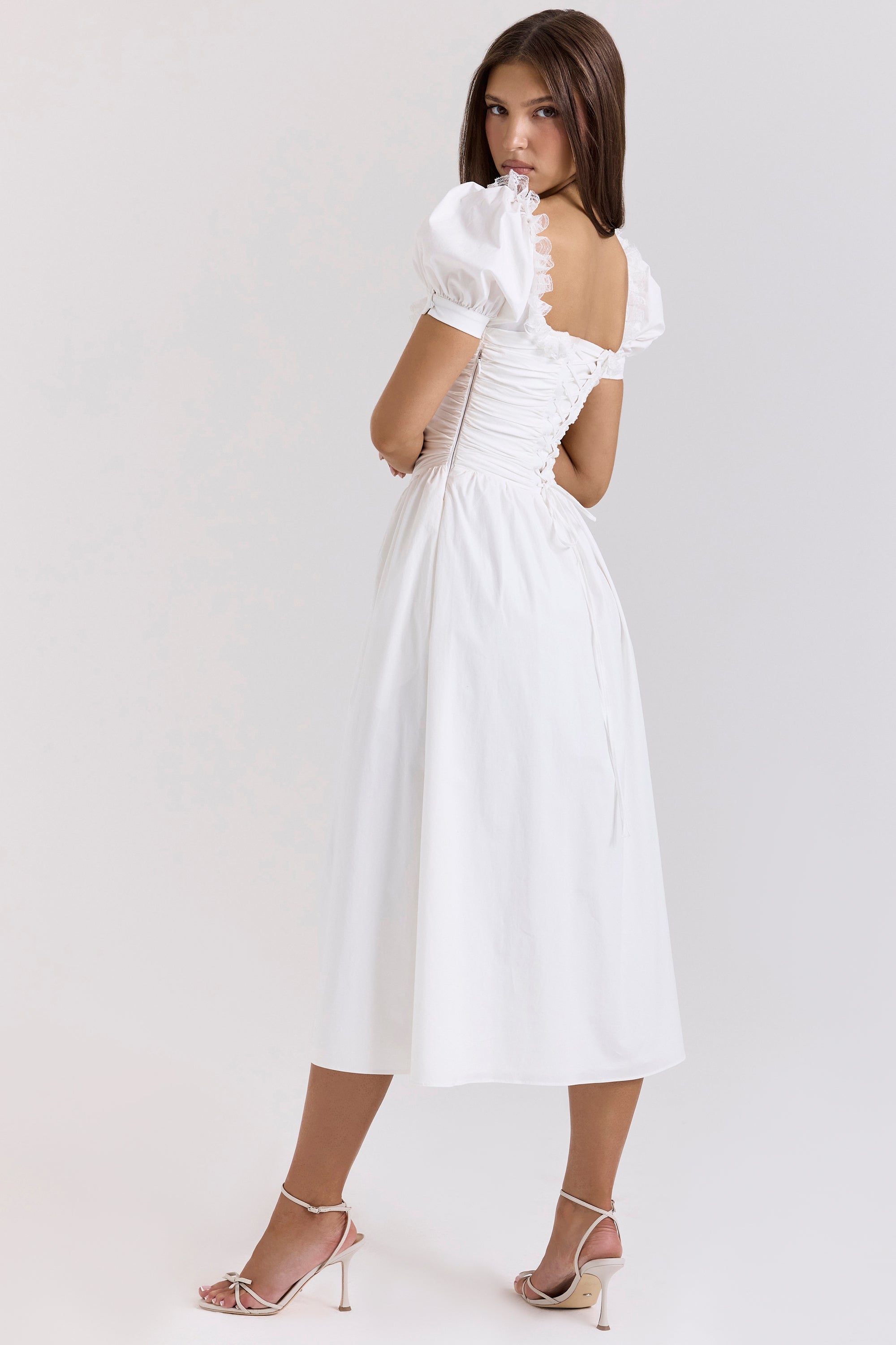 white stretch cotton puff sleeve midi dress