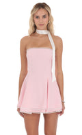 Satin Scarf Strapless Dress in Pink
