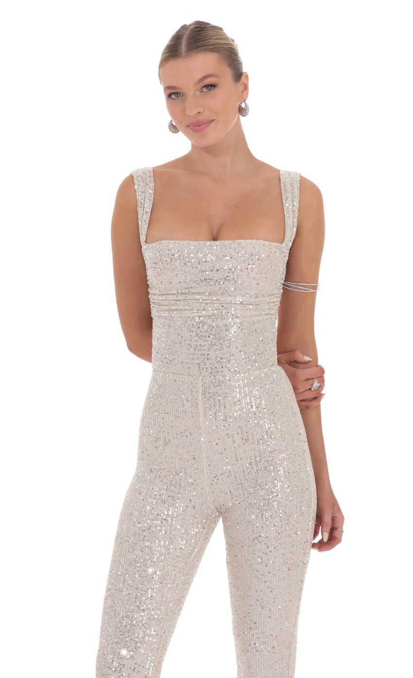 Sequin Back Tie Jumpsuit in Champagne