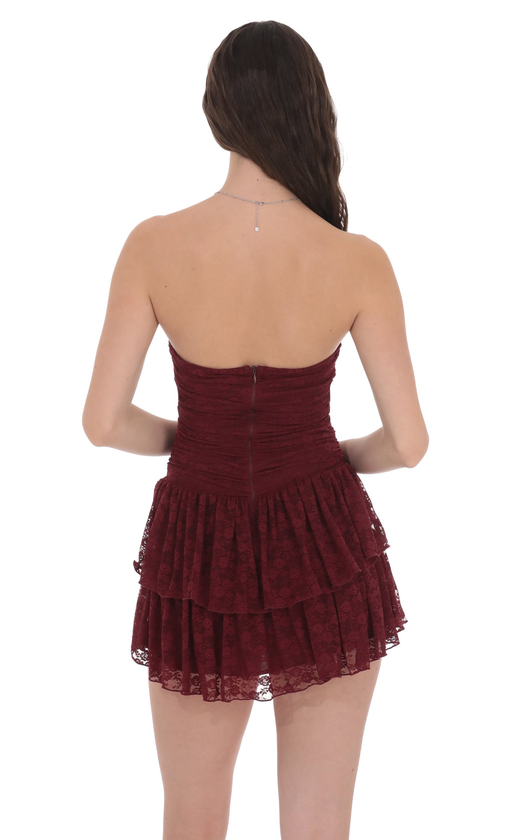 Lace Strapless Ruched Ruffle Dress in Burgundy