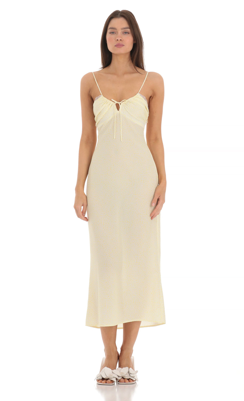 Lace Trim Front Tie Midi Dress in Yellow