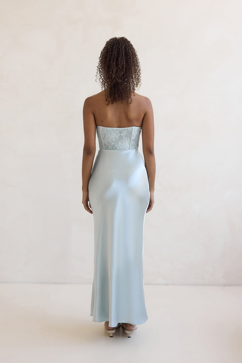 Away With You Satin Lace Strapless Maxi Dress Blue