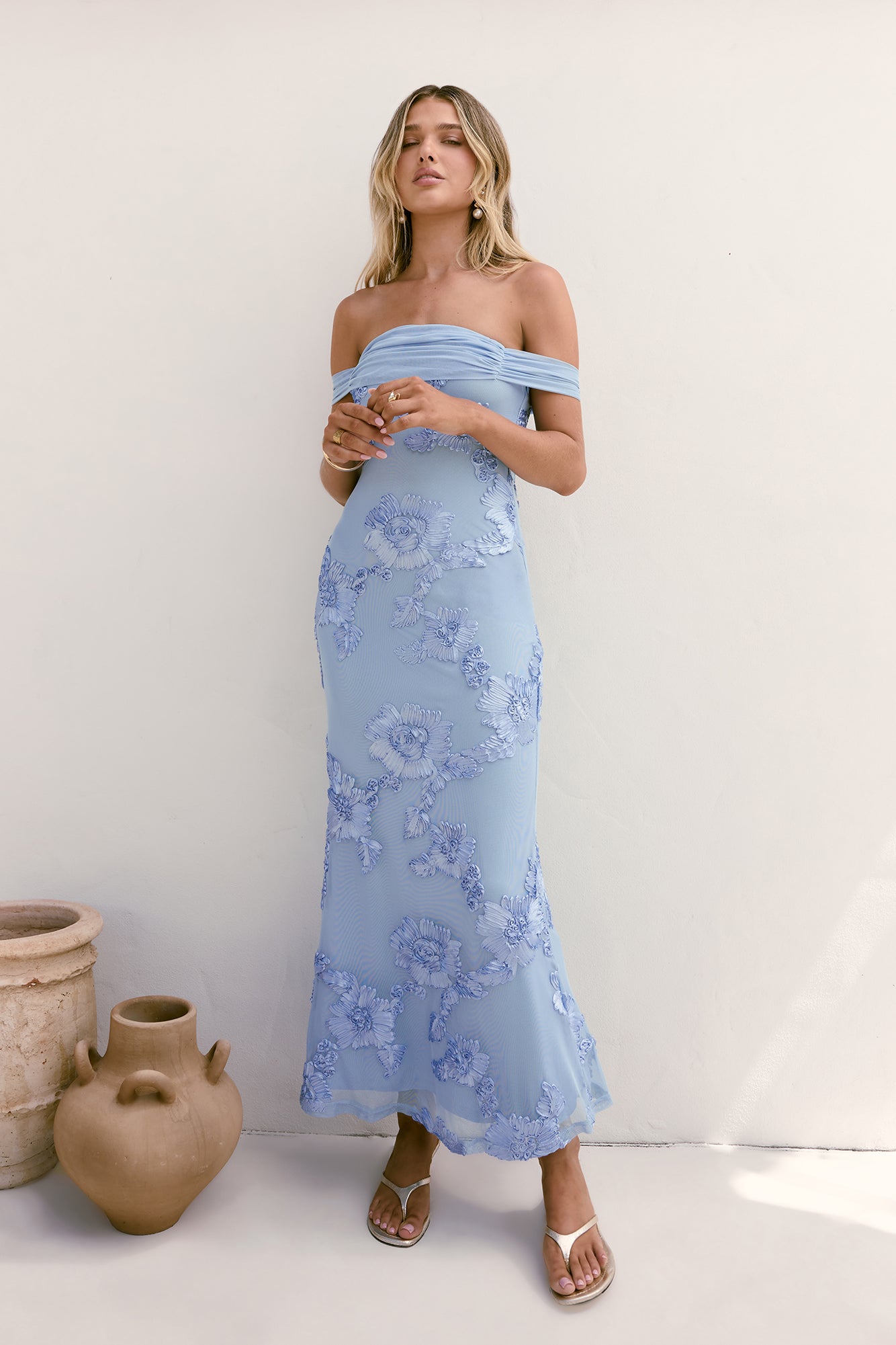 Day After Day Off Shoulder Maxi Dress Blue