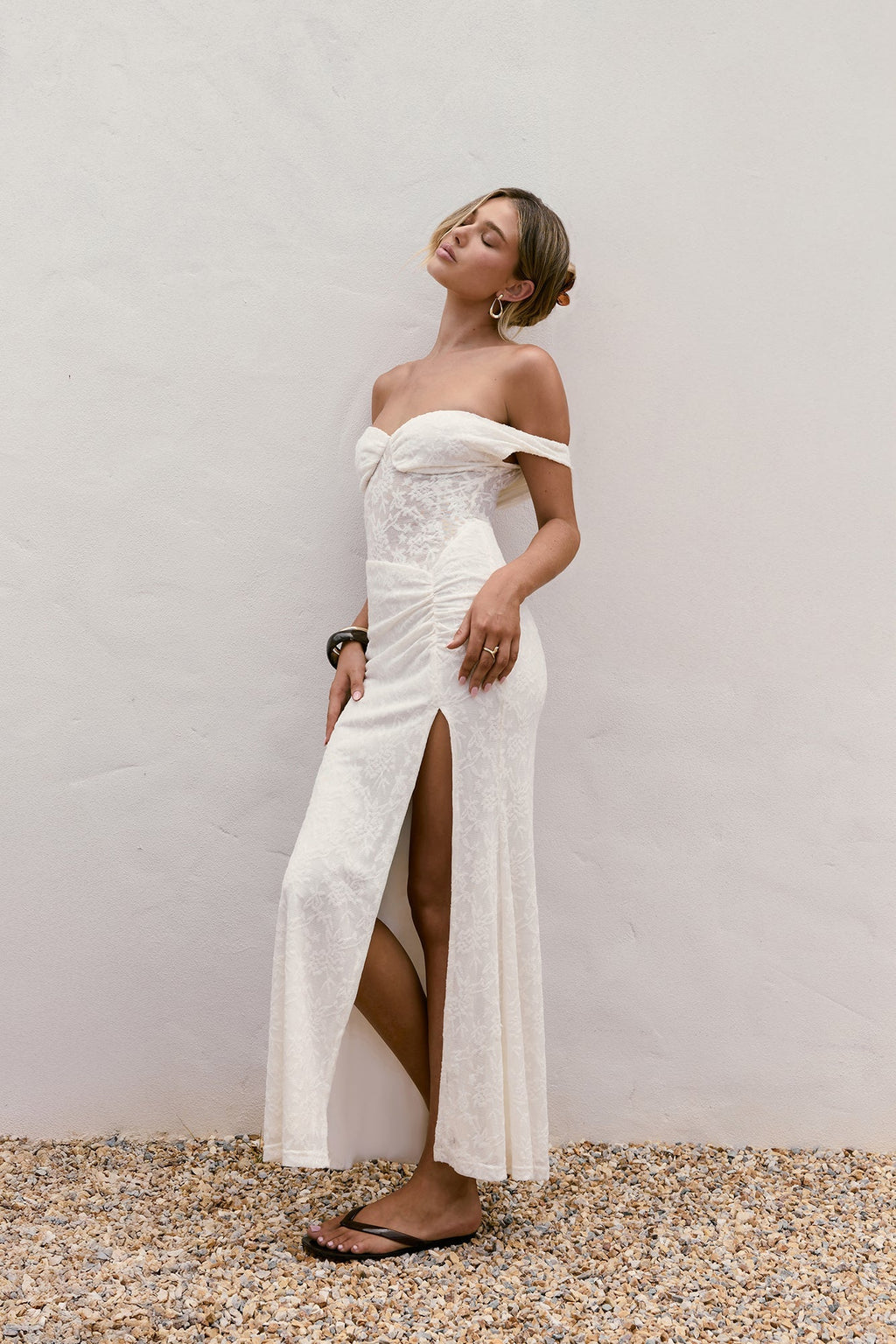 Soft Smiles Off Shoulder Lace Maxi Dress White