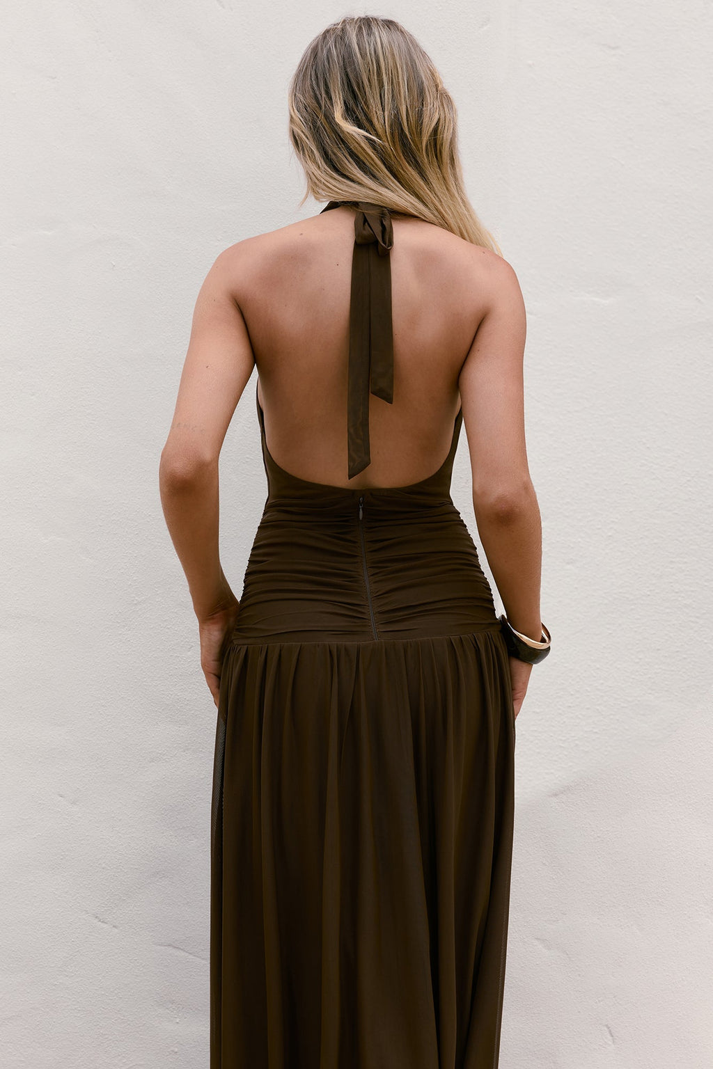 Robin Mesh Halter Maxi Dress Brown