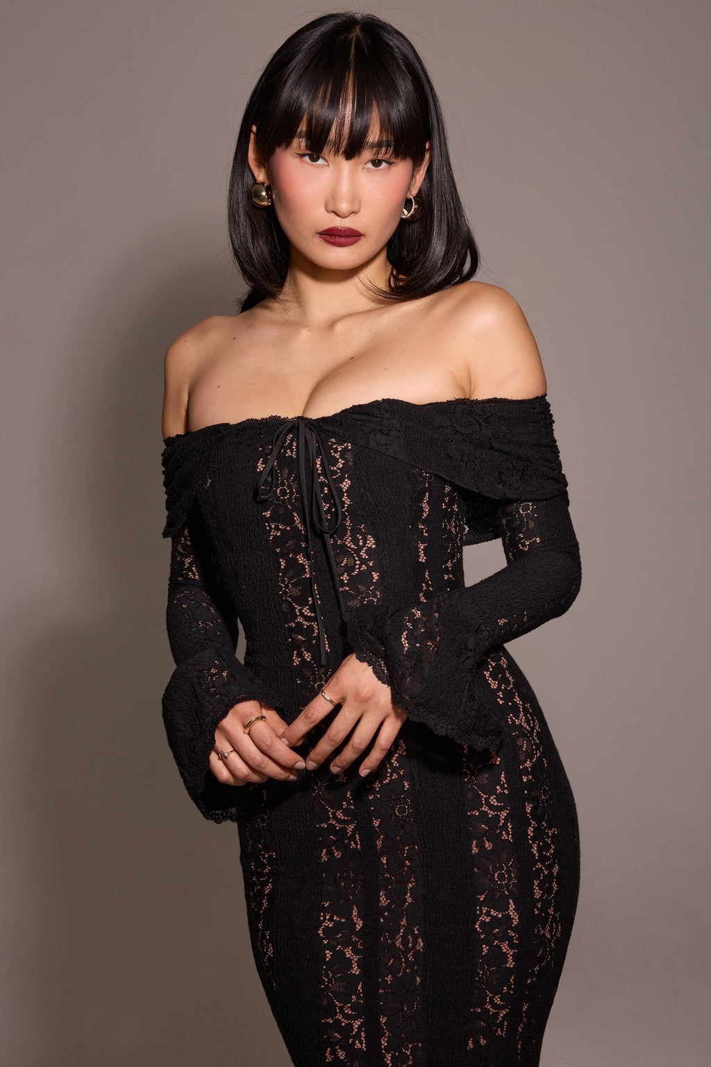 black off shoulder floral lace maxi dress