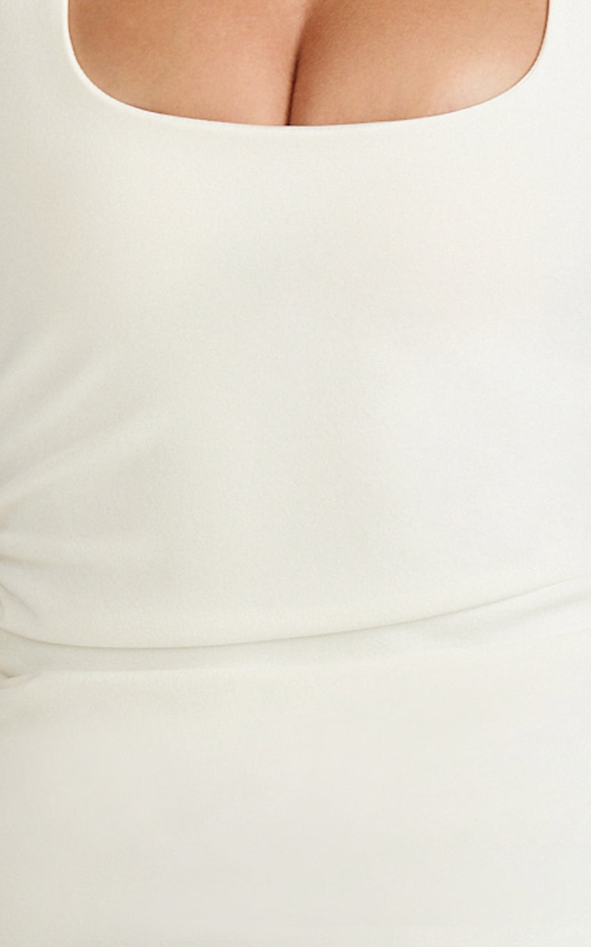 Lucinda Mini Dress - Scoop Neck Ruched Bodycon Dress in White