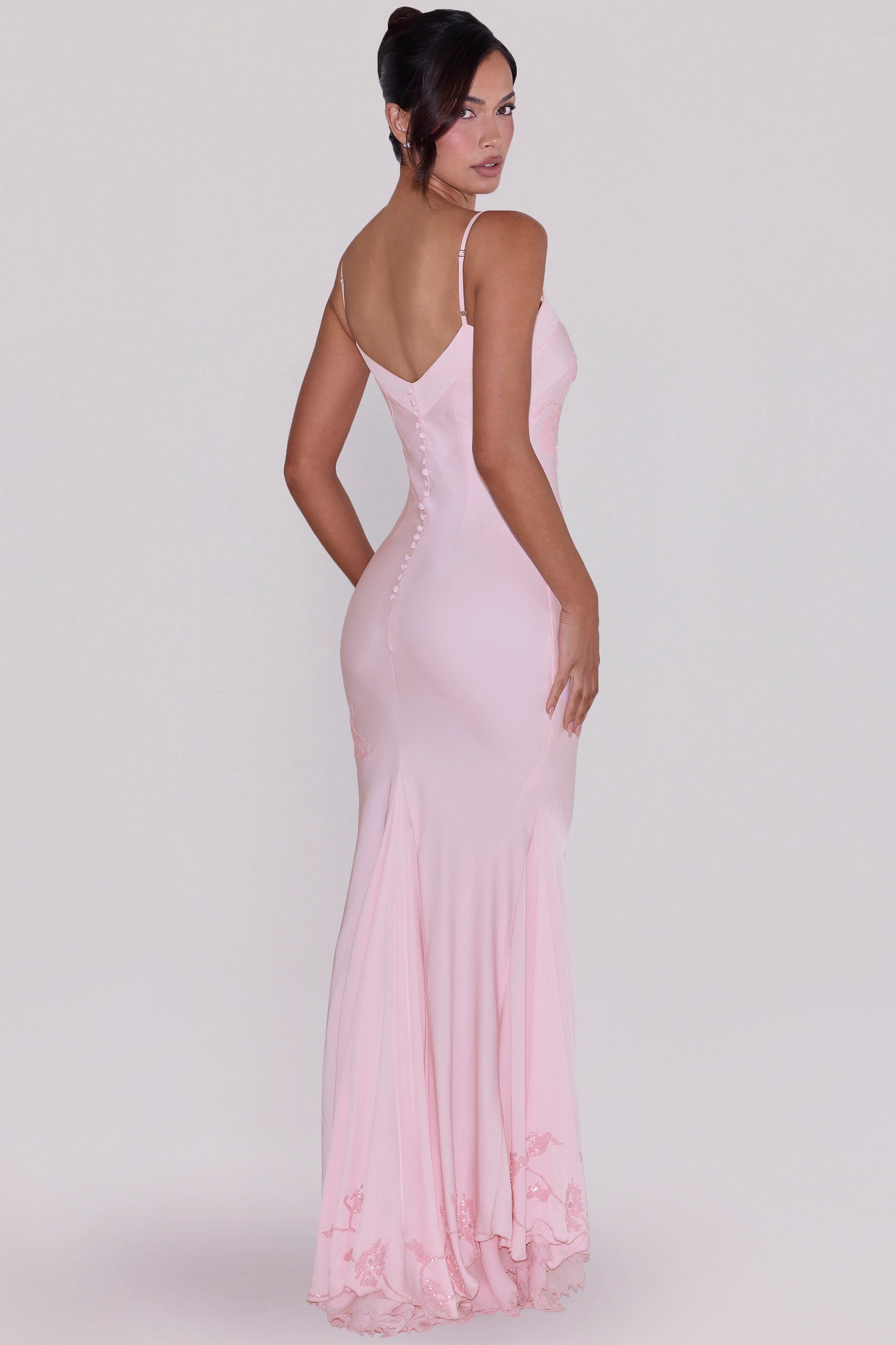 pink hand beaded embellished satin maxi dress