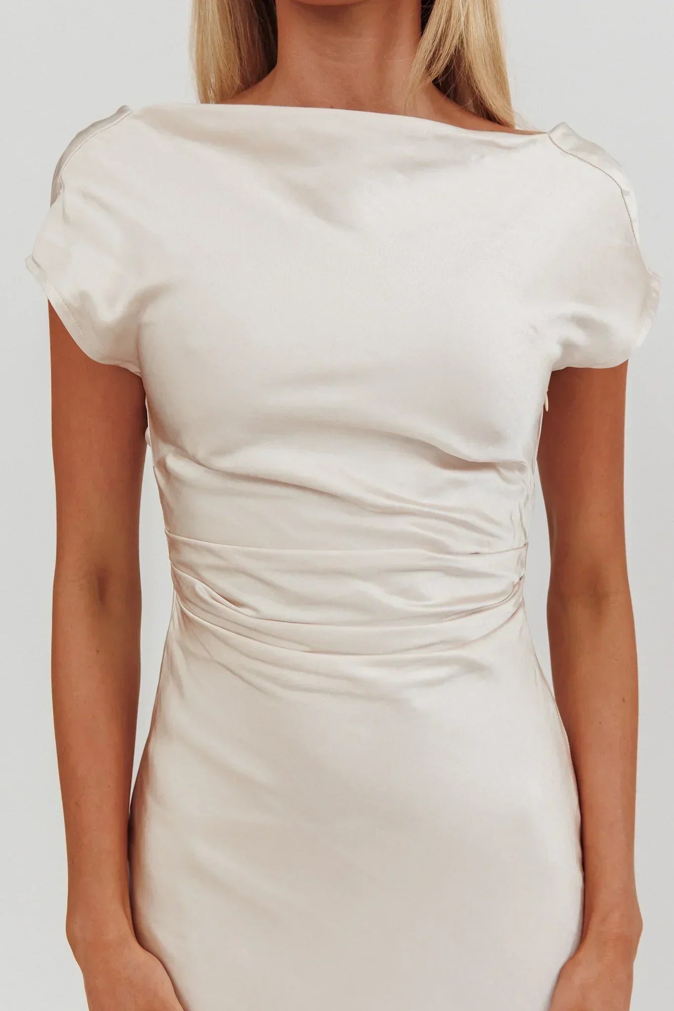 Loveland Cap Sleeve Cowl Back Midi Dress Champagne