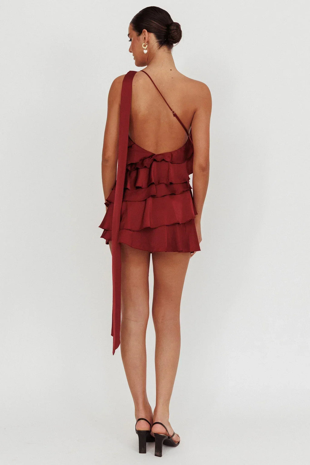 Arrabel Tiered Ruffle One Shoulder Mini Dress Wine