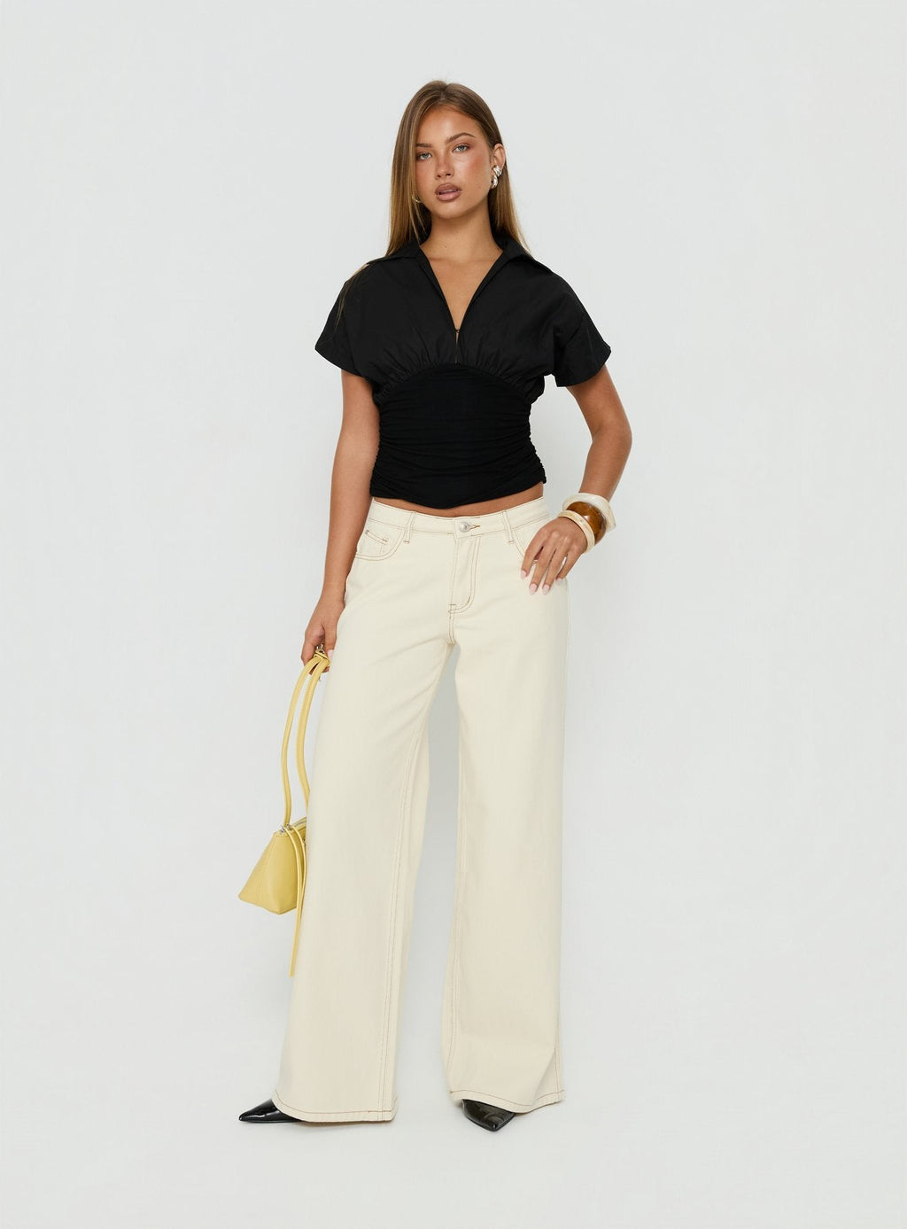 Ramos Low Rise Wide Leg Jeans Cream