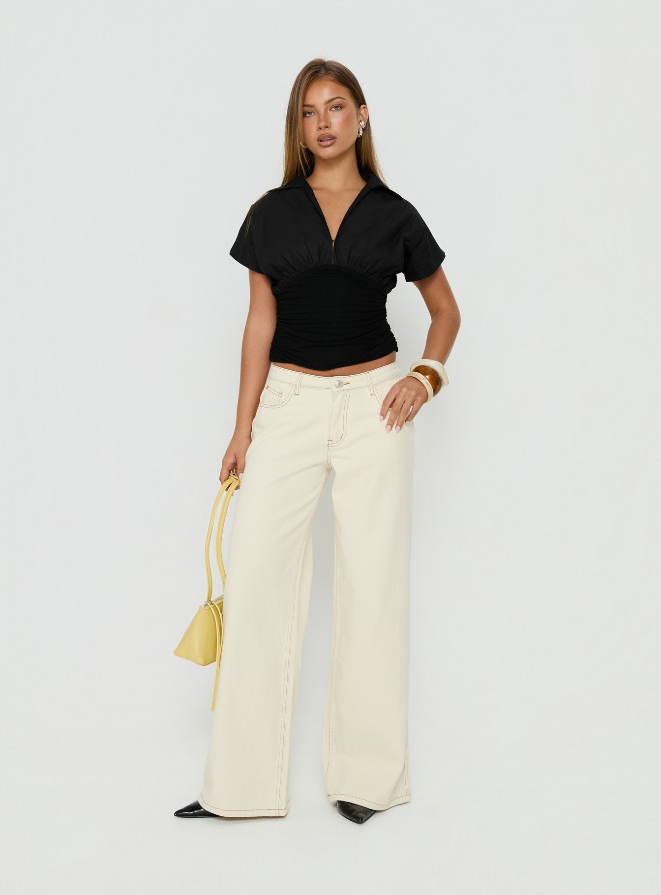 Ramos Low Rise Wide Leg Jeans Cream