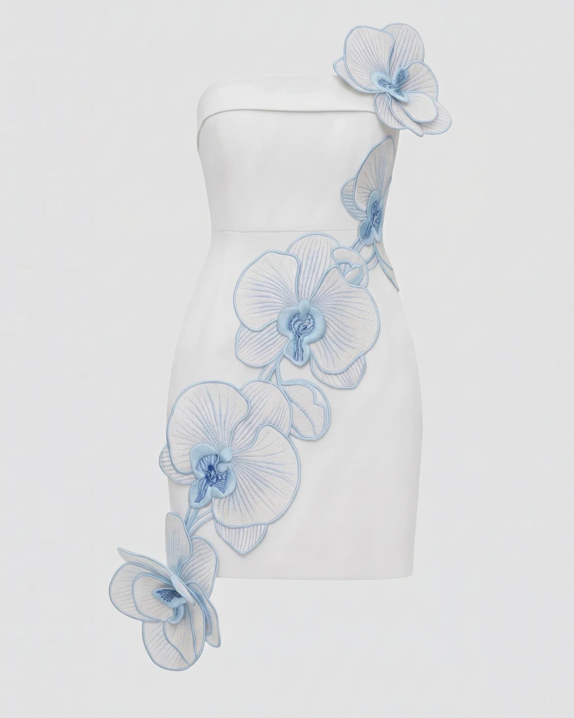 Orchid Embroidered Floral Appliqué Strapless Mini Dress - White Blue