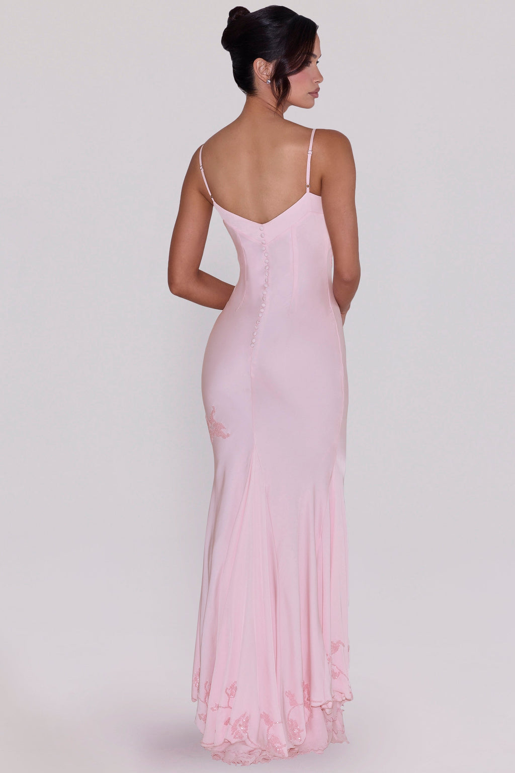 pink hand beaded embellished satin maxi dress