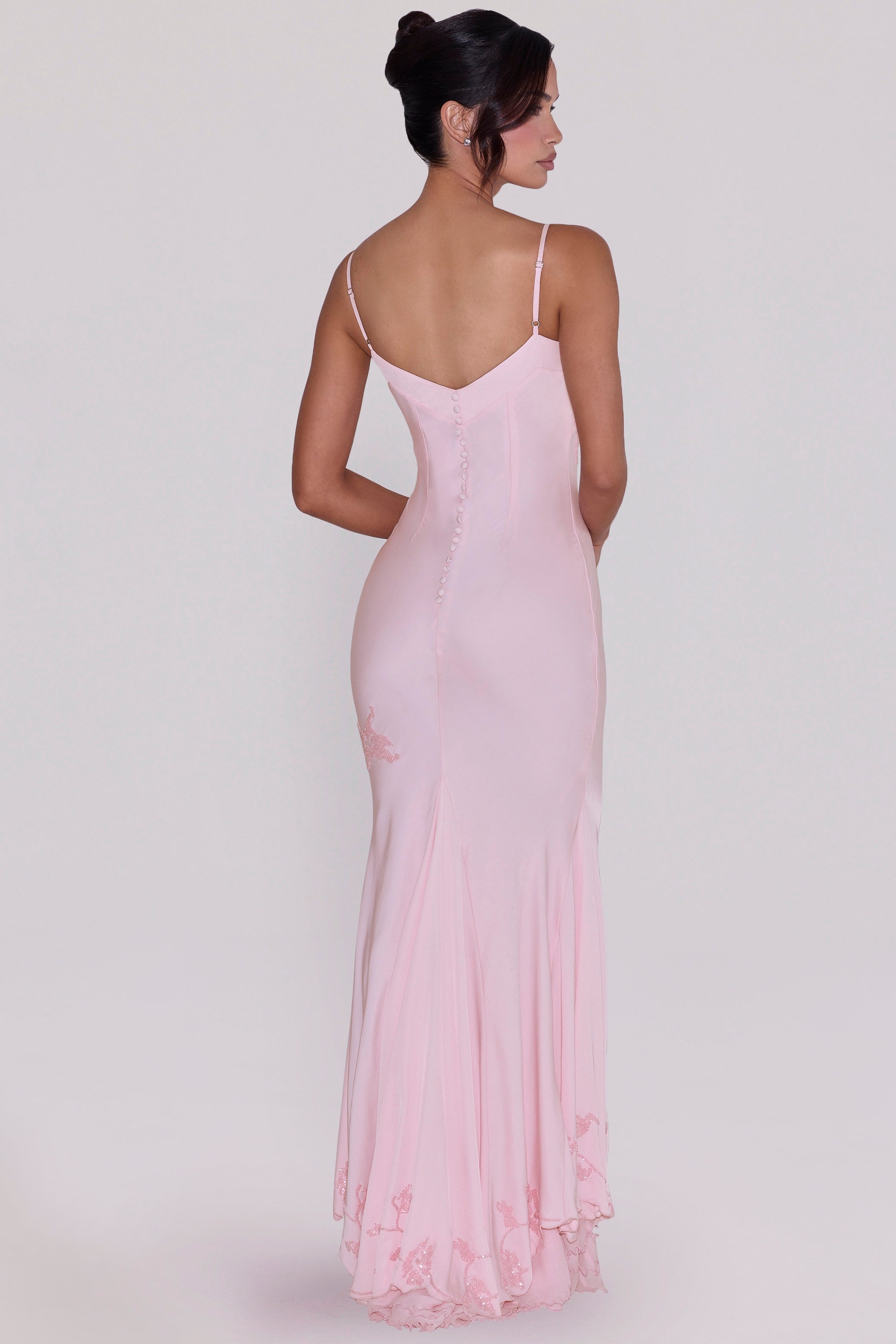 pink hand beaded embellished satin maxi dress