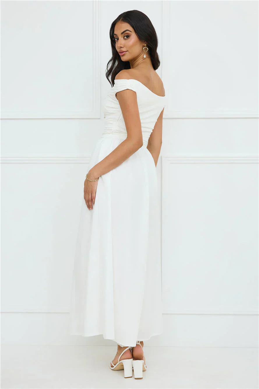 Camellia Charm Off Shoulder Maxi Dress White
