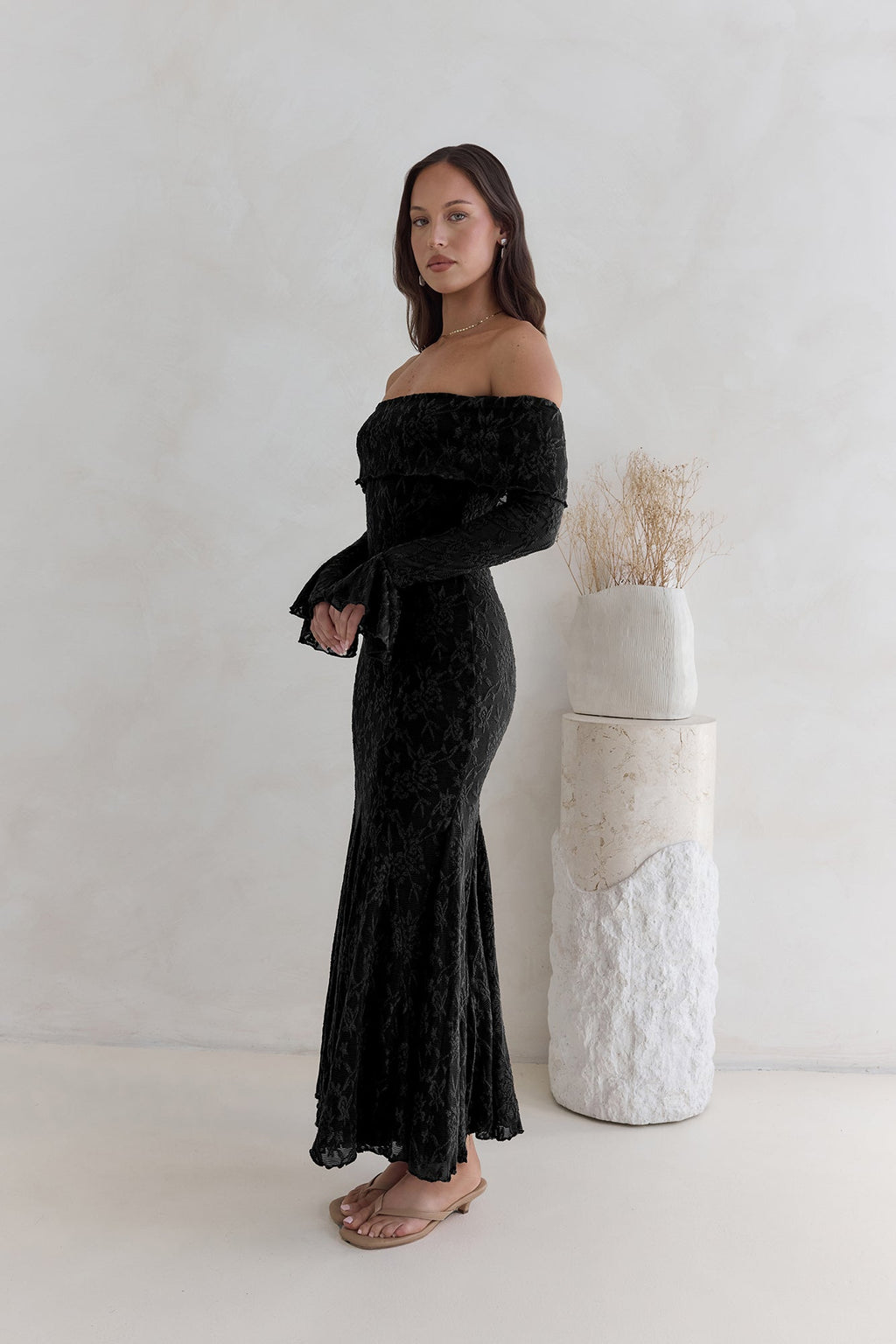 Here For Love Off Shoulder Mesh Maxi Dress Black