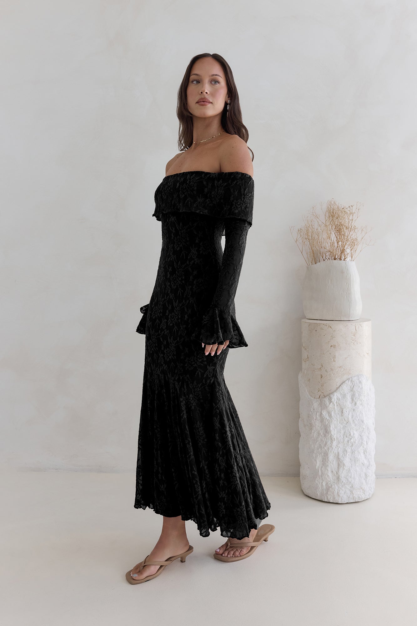 Here For Love Off Shoulder Mesh Maxi Dress Black