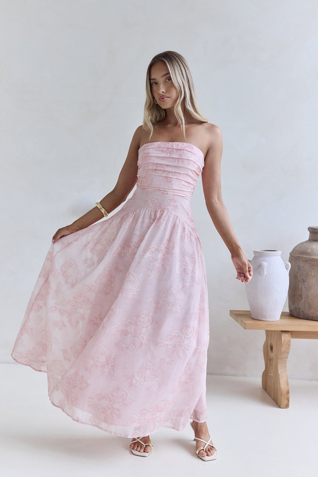 Cloud Kissed Paths Strapless Maxi Dress Pink