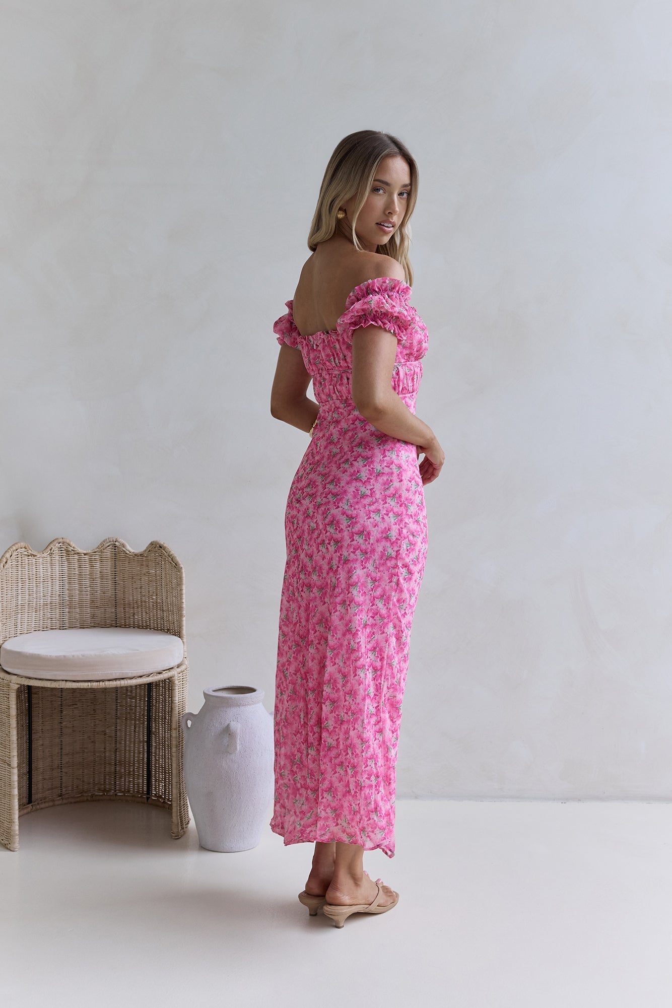 Kissed By The Sun Off Shoulder Maxi Dress Pink