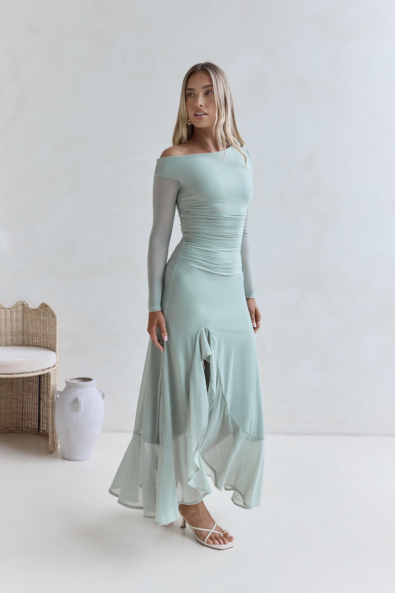 Whispered Secrets Mesh Long Sleeve Maxi Dress Sage