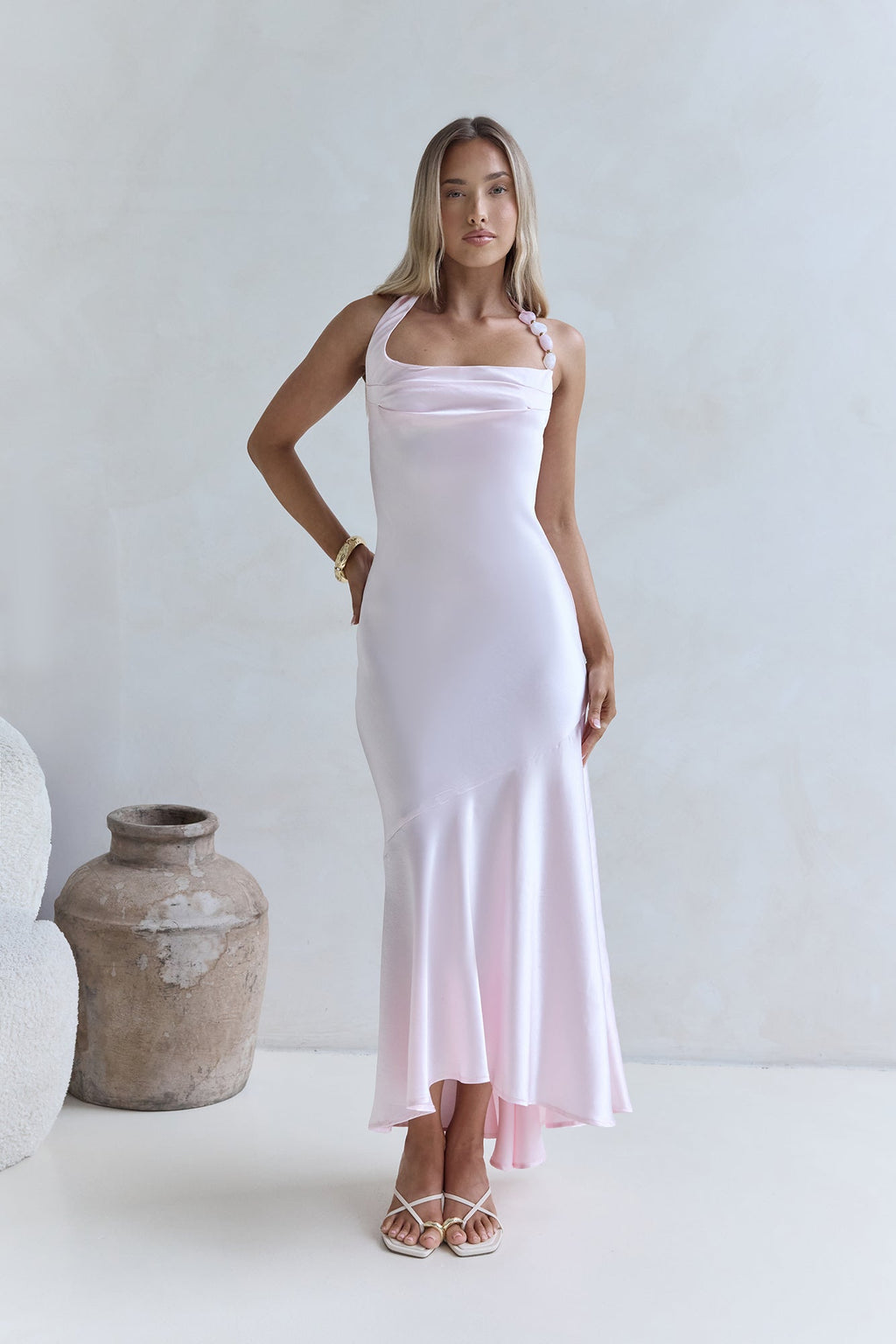 Lucky In Life Satin Halter Maxi Dress Pink
