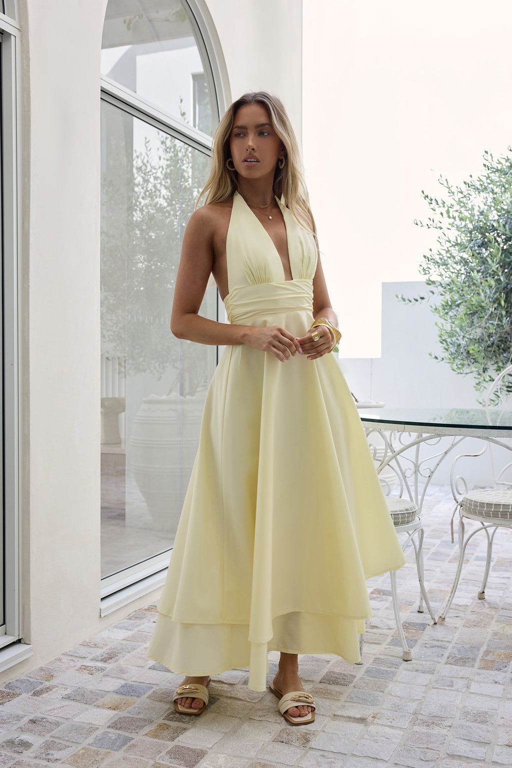 Spring Blossoms Halter Maxi Dress Lemon