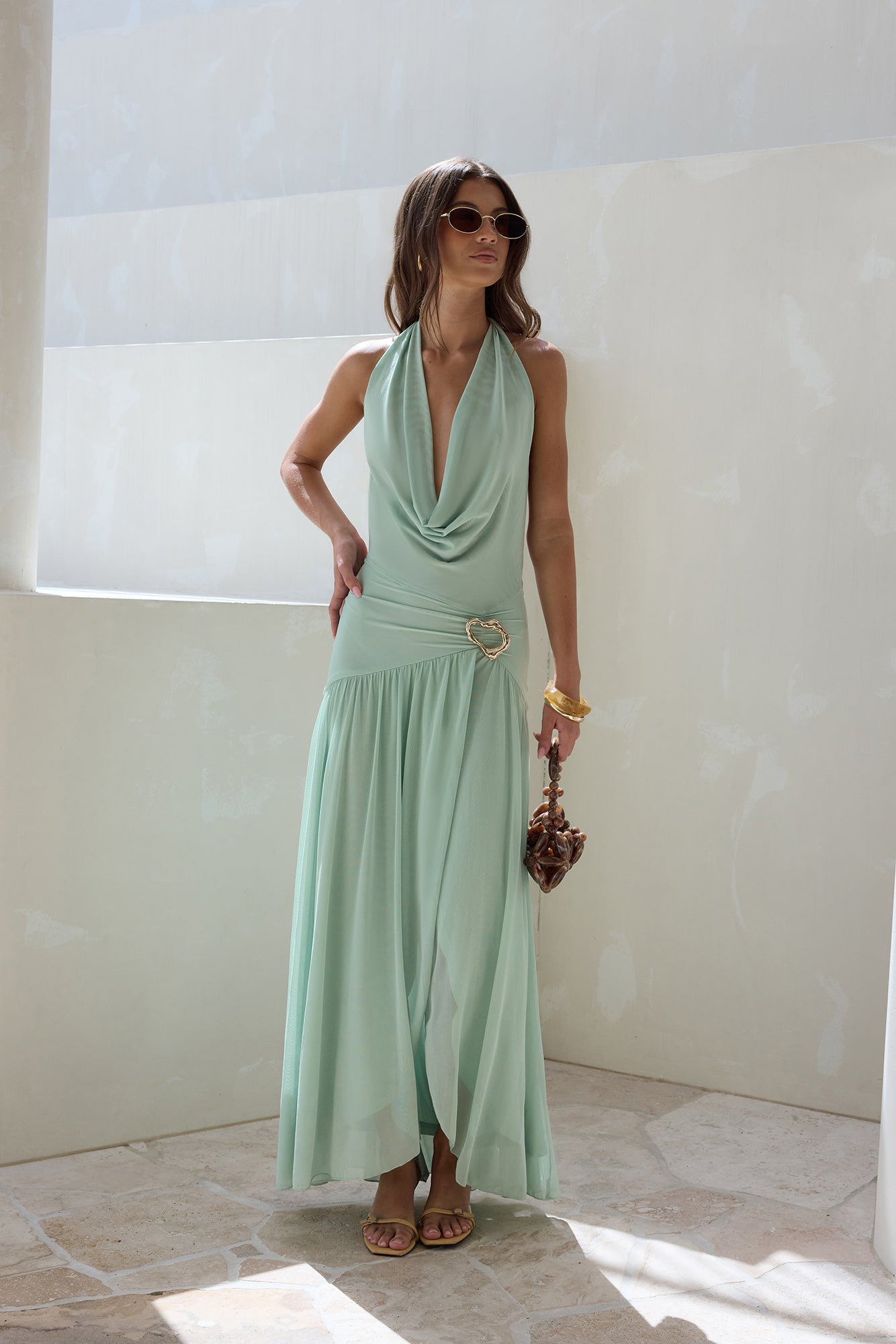 Floating Clouds Halter Mesh Maxi Dress Sage