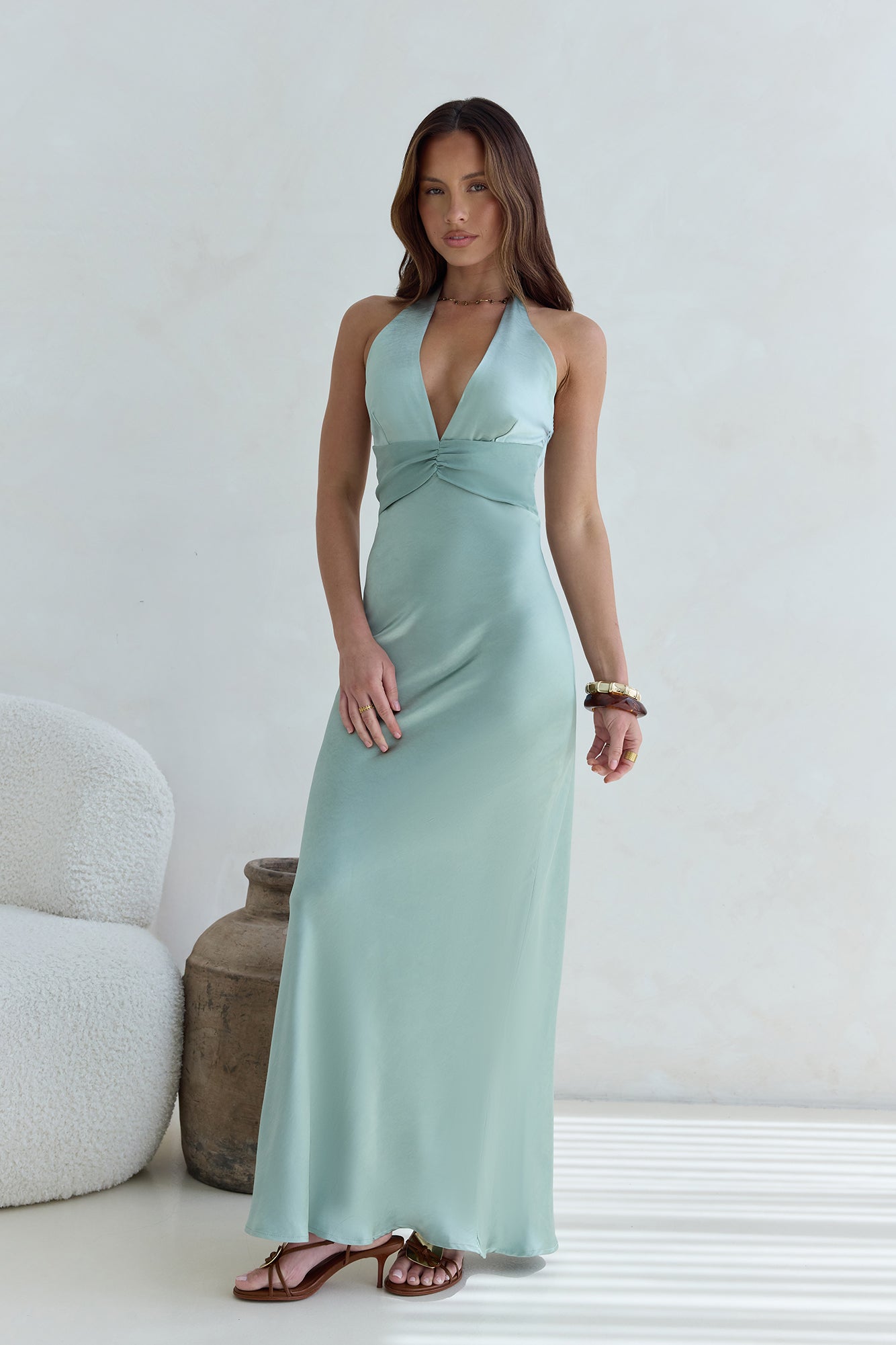Destinations Halter Satin Maxi Dress Sage