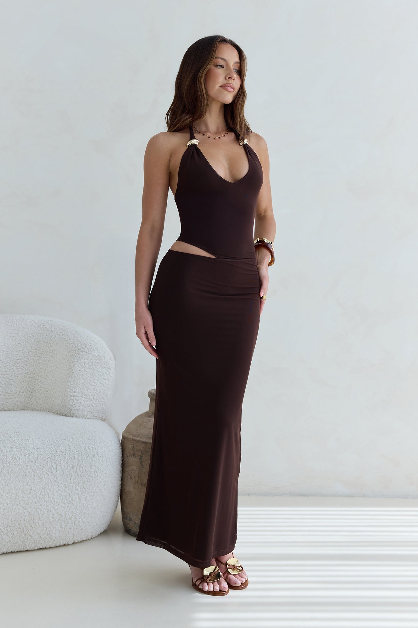 Whispers In The Dark Halter Mesh Maxi Dress Brown