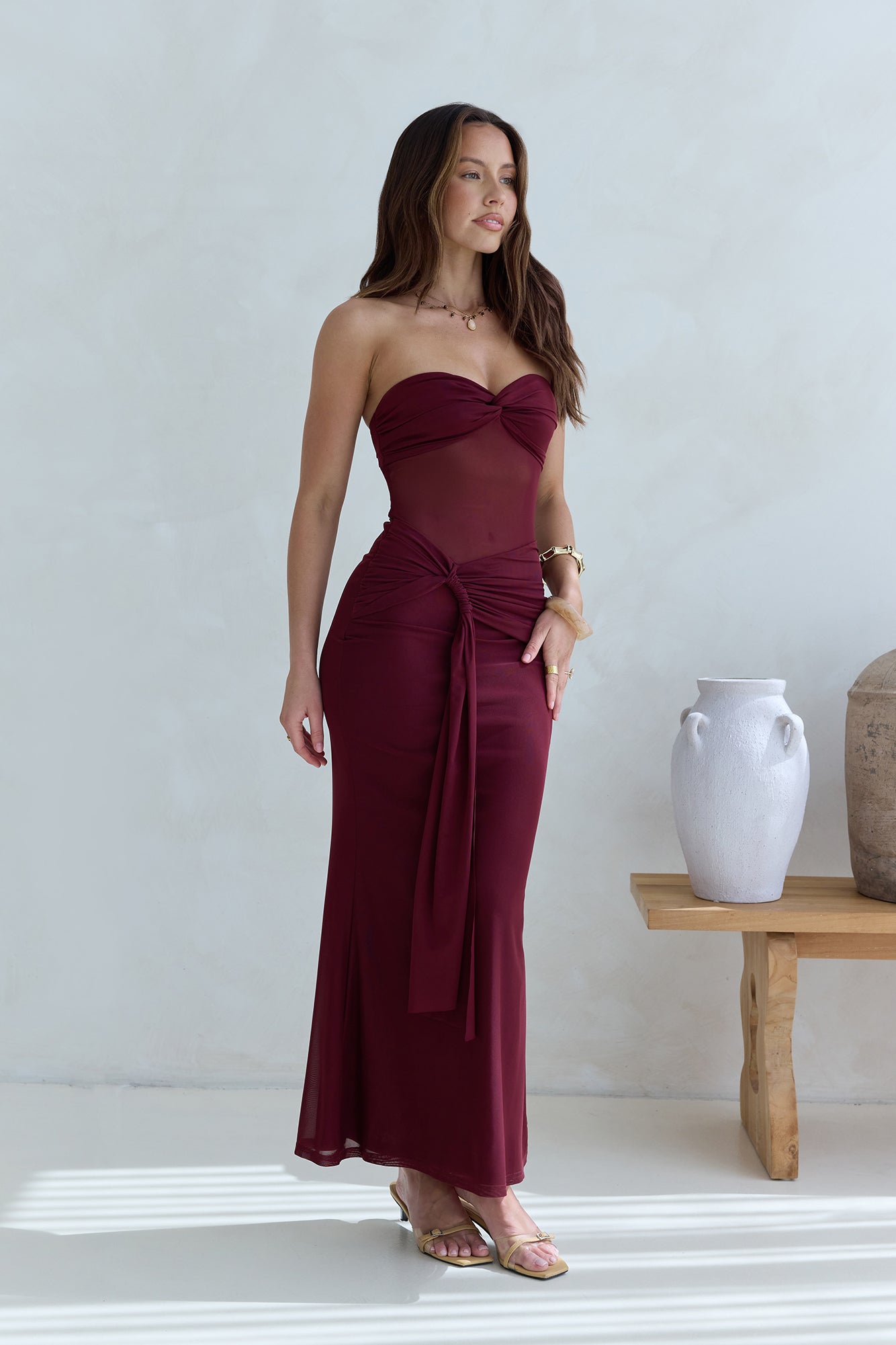 Caught Your Eye Mesh Strapless Maxi Dress Burgundy