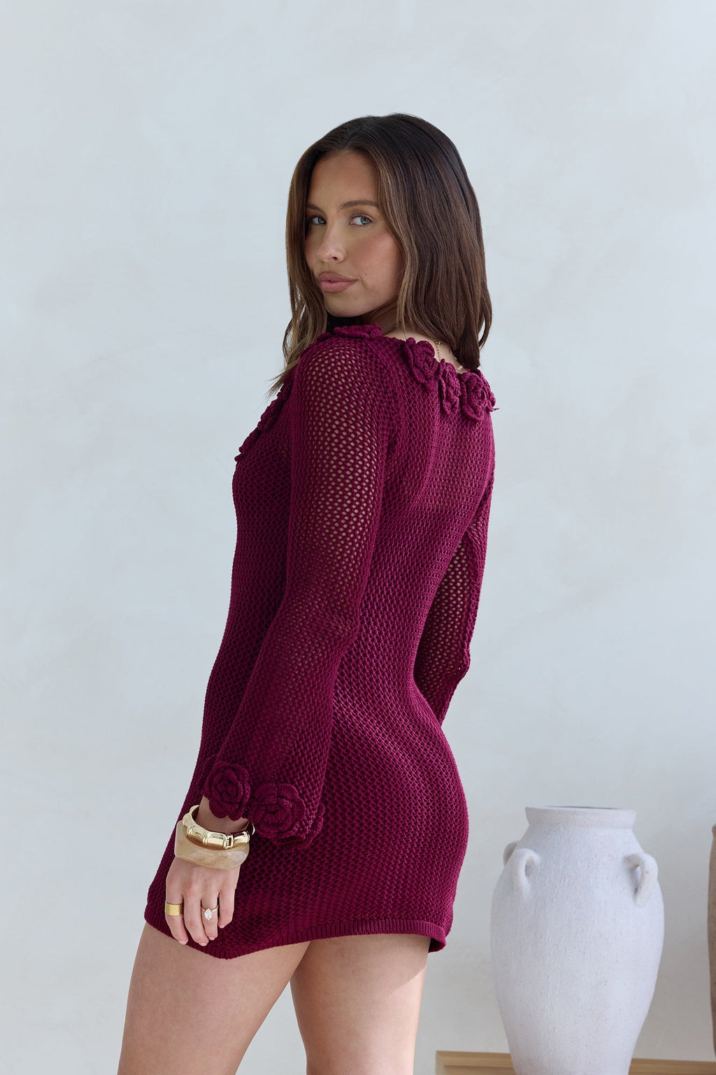 Rosy World Long Sleeve Knit Mini Dress Wine