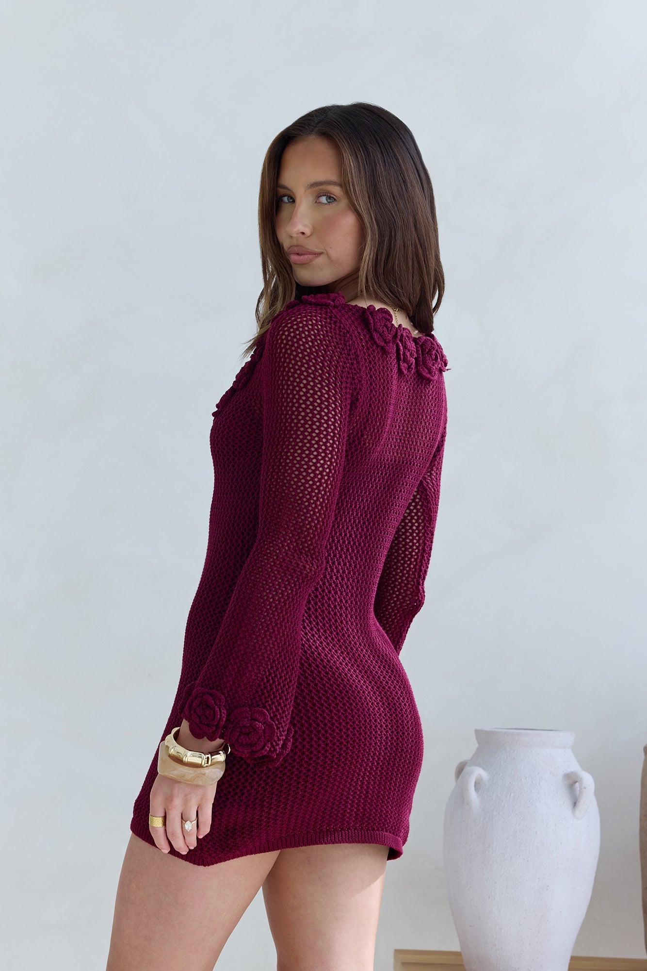 Rosy World Long Sleeve Knit Mini Dress Wine