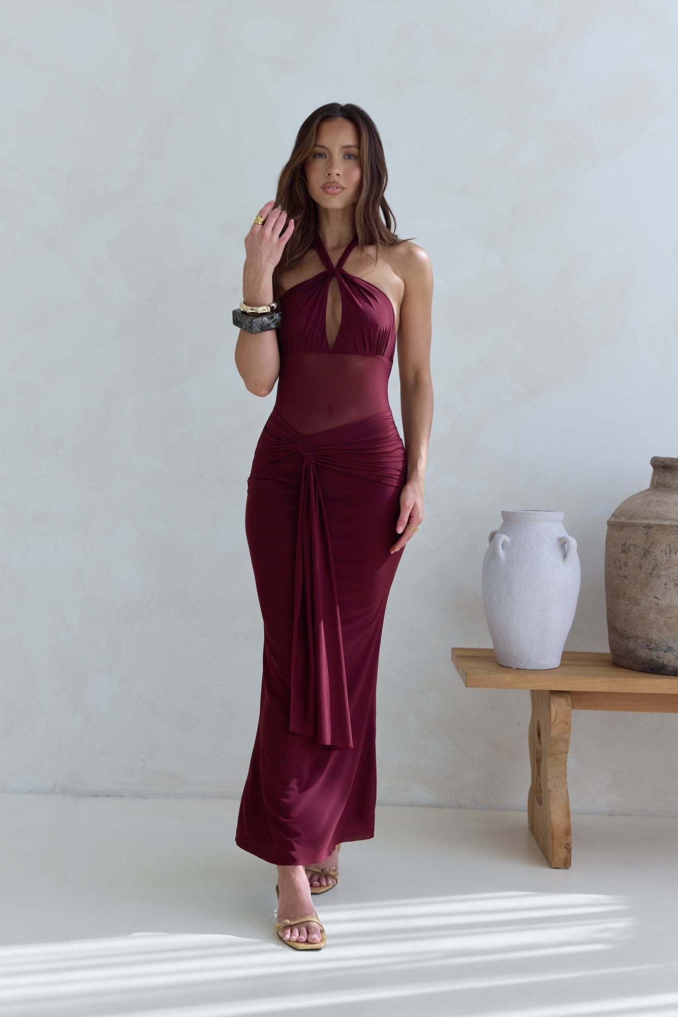 Taste Of Luxe Halter Mesh Maxi Dress Burgundy